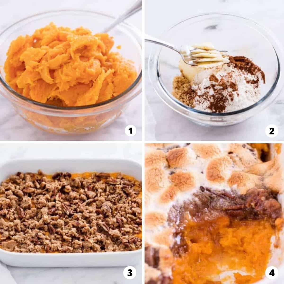 The process of making sweet potato casserole in a four step photo collage.