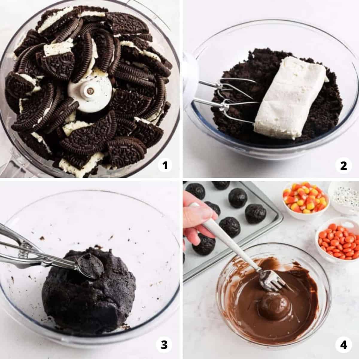 The process of making turkey oreo balls in a four step photo collage.