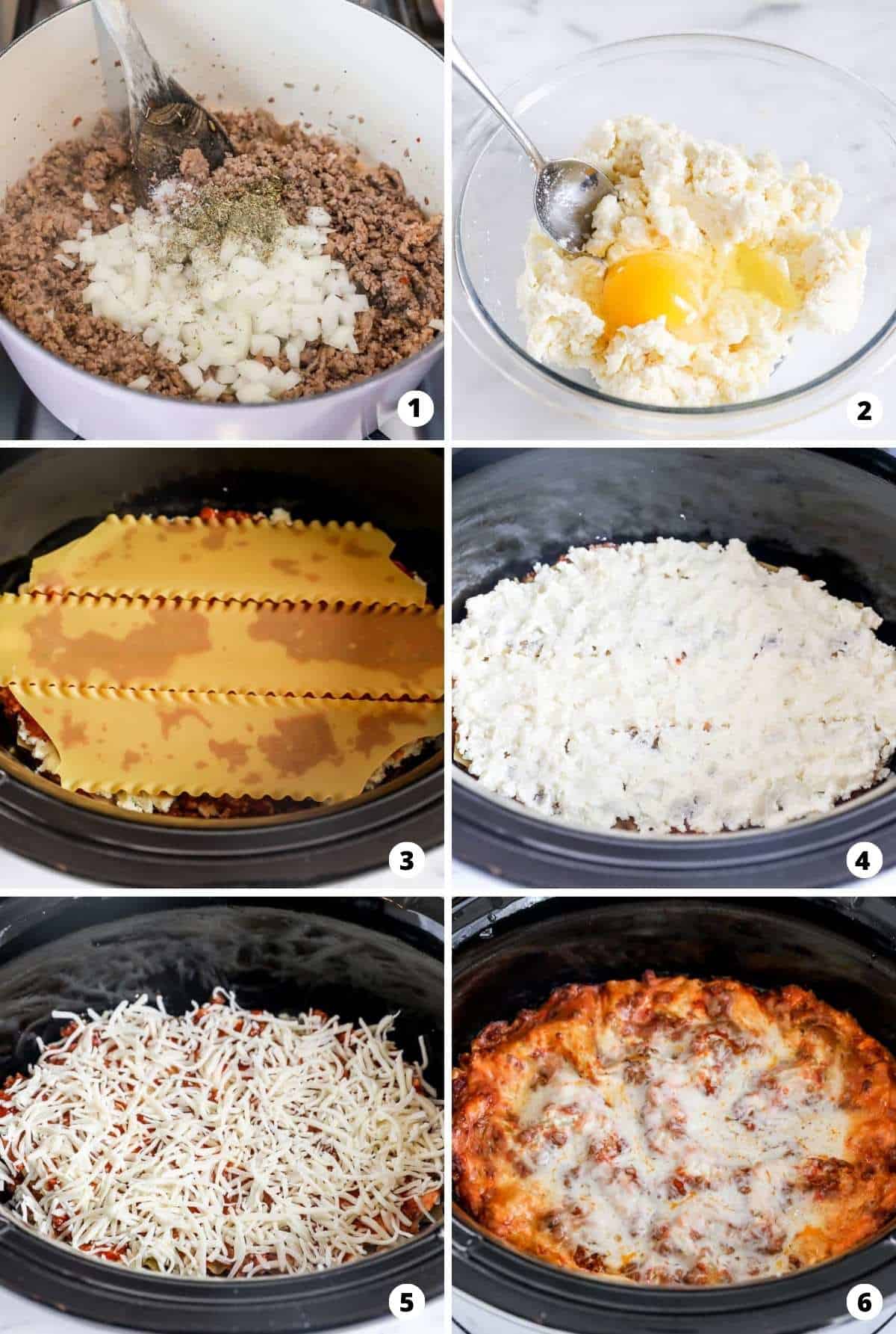 The process of making crockpot lasagna in a six step photo collage.