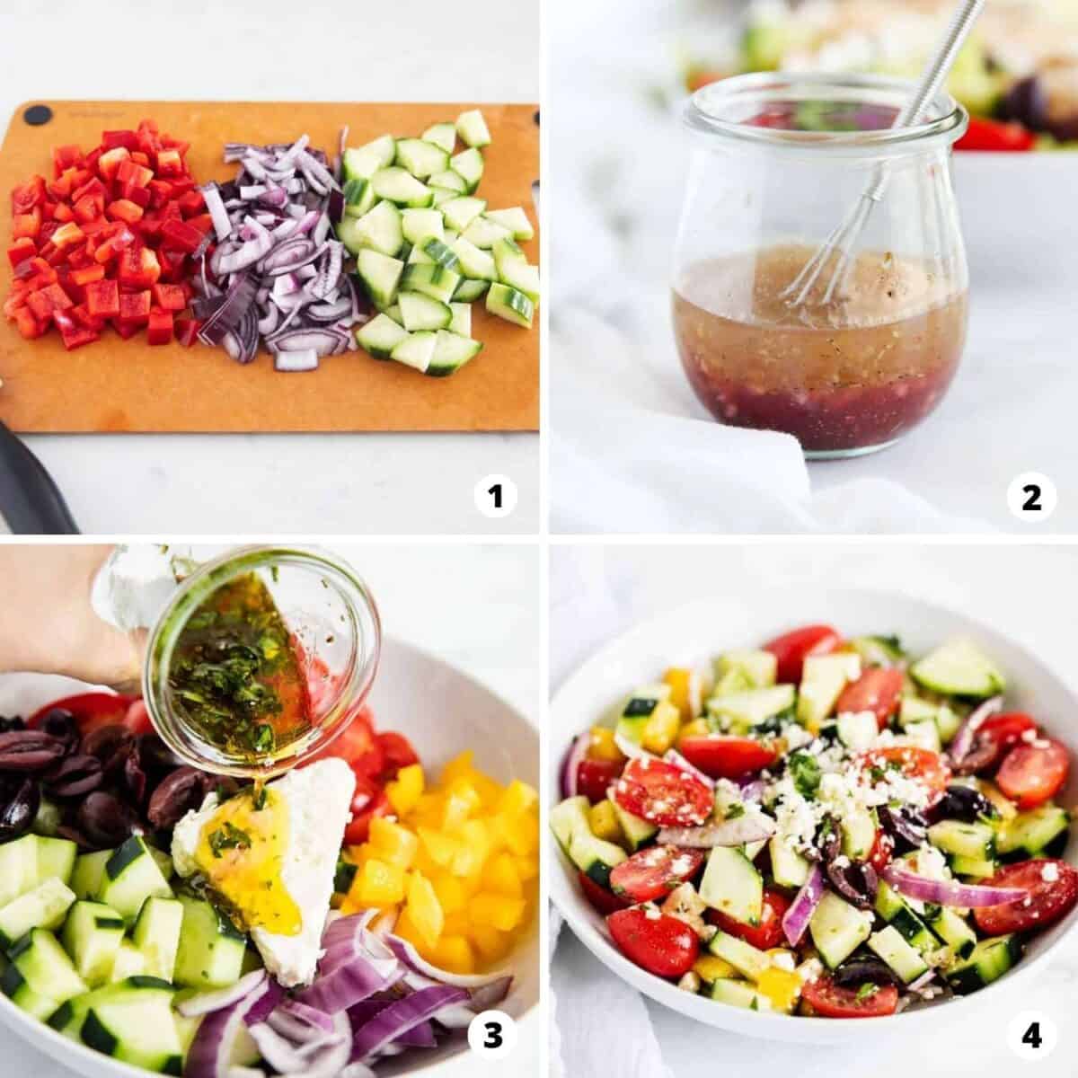 The process of making greek salad in a four step photo collage.