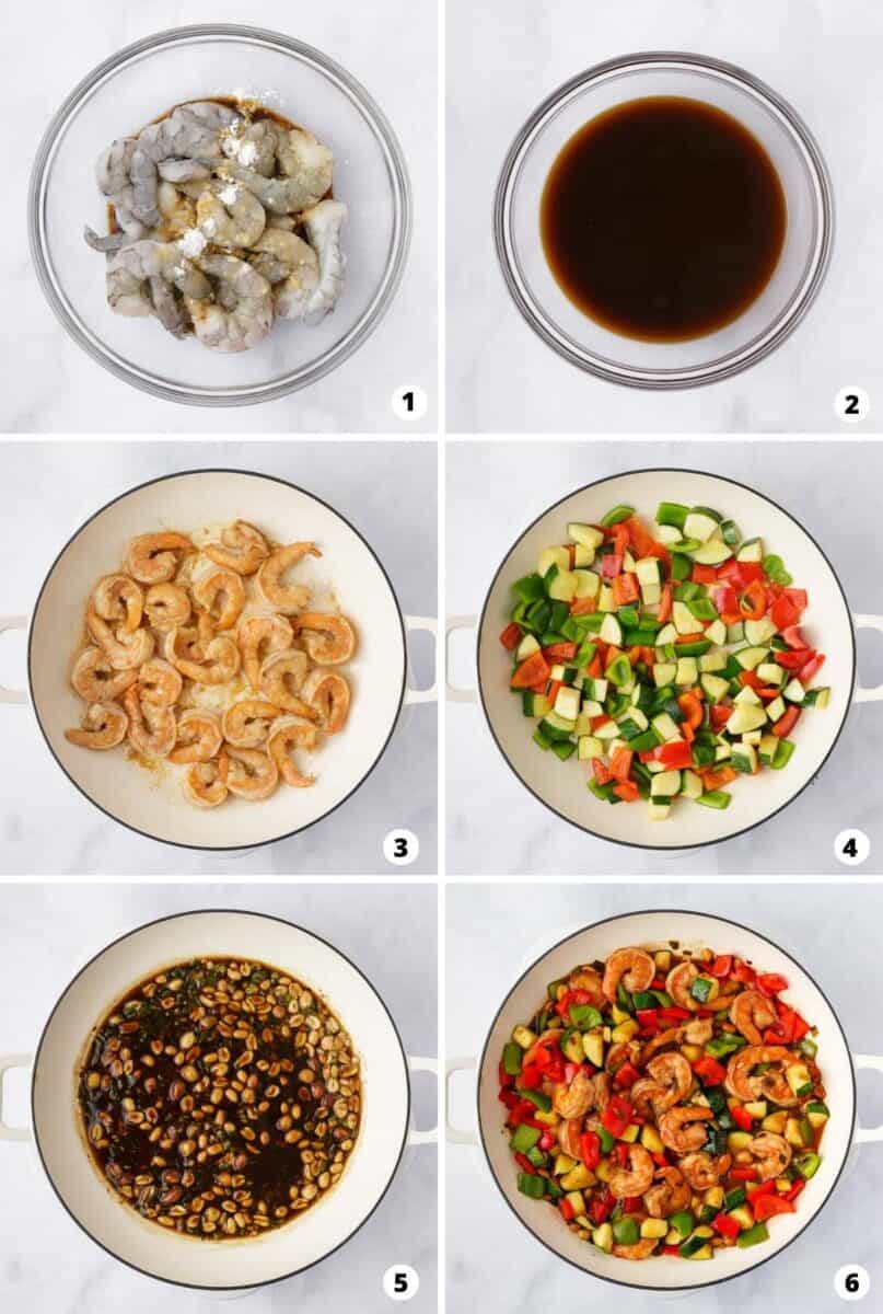 Showing how to make kung pao shrimp in a 6 step collage.