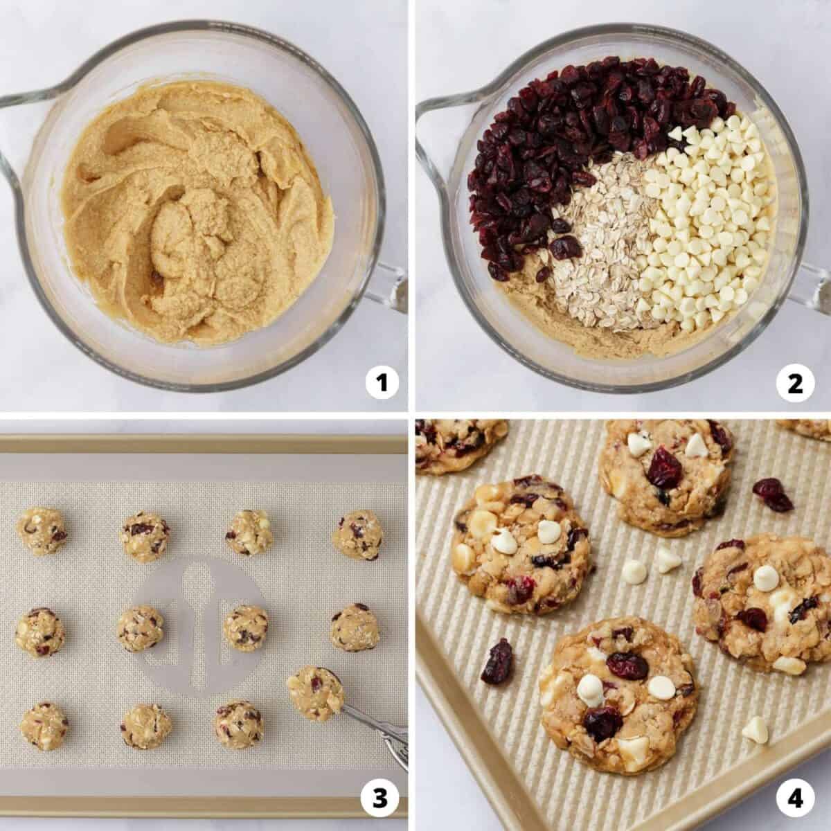 Showing the process of how to make oatmeal cranberry cookies.