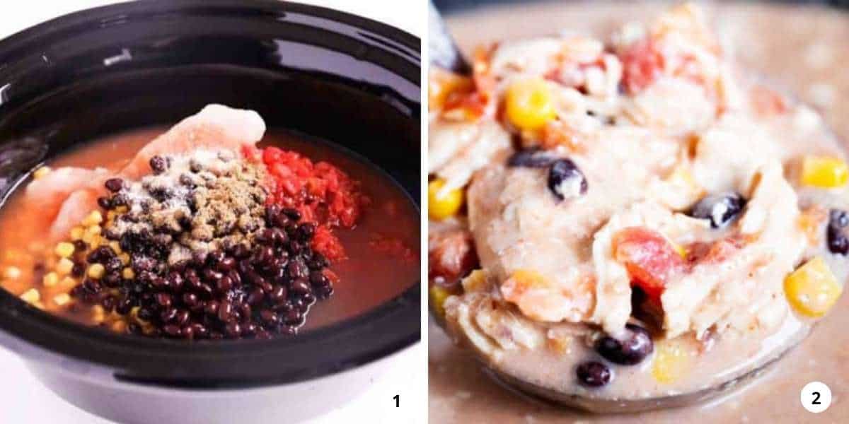 The process of making slow cooker chicken enchilada soup in a two step photo collage.