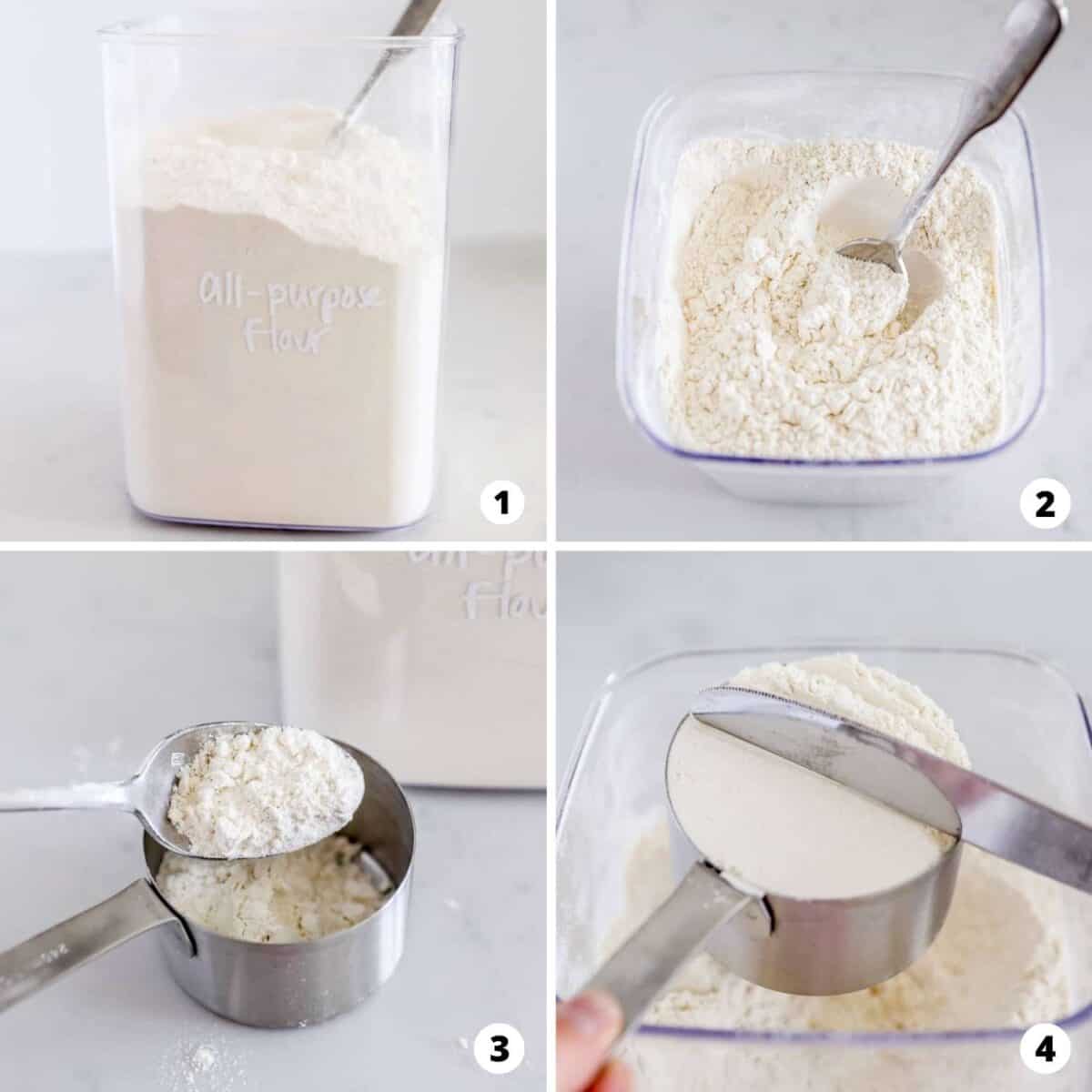 The process of measuring flour in a 4 step collage.