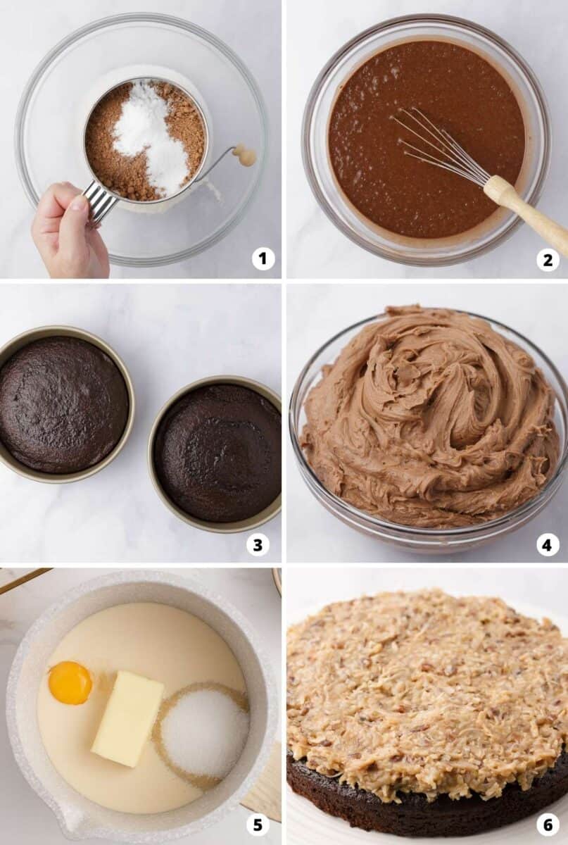 Showing how to make german chocolate cake in a 4 step collage.