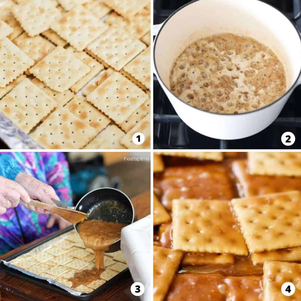 The process of making saltine cracker toffee in a four step photo collage.
