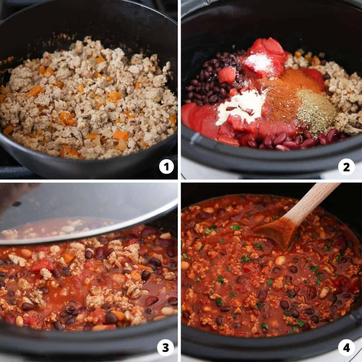 4 step collage showing how to make slow cooker turkey chili.