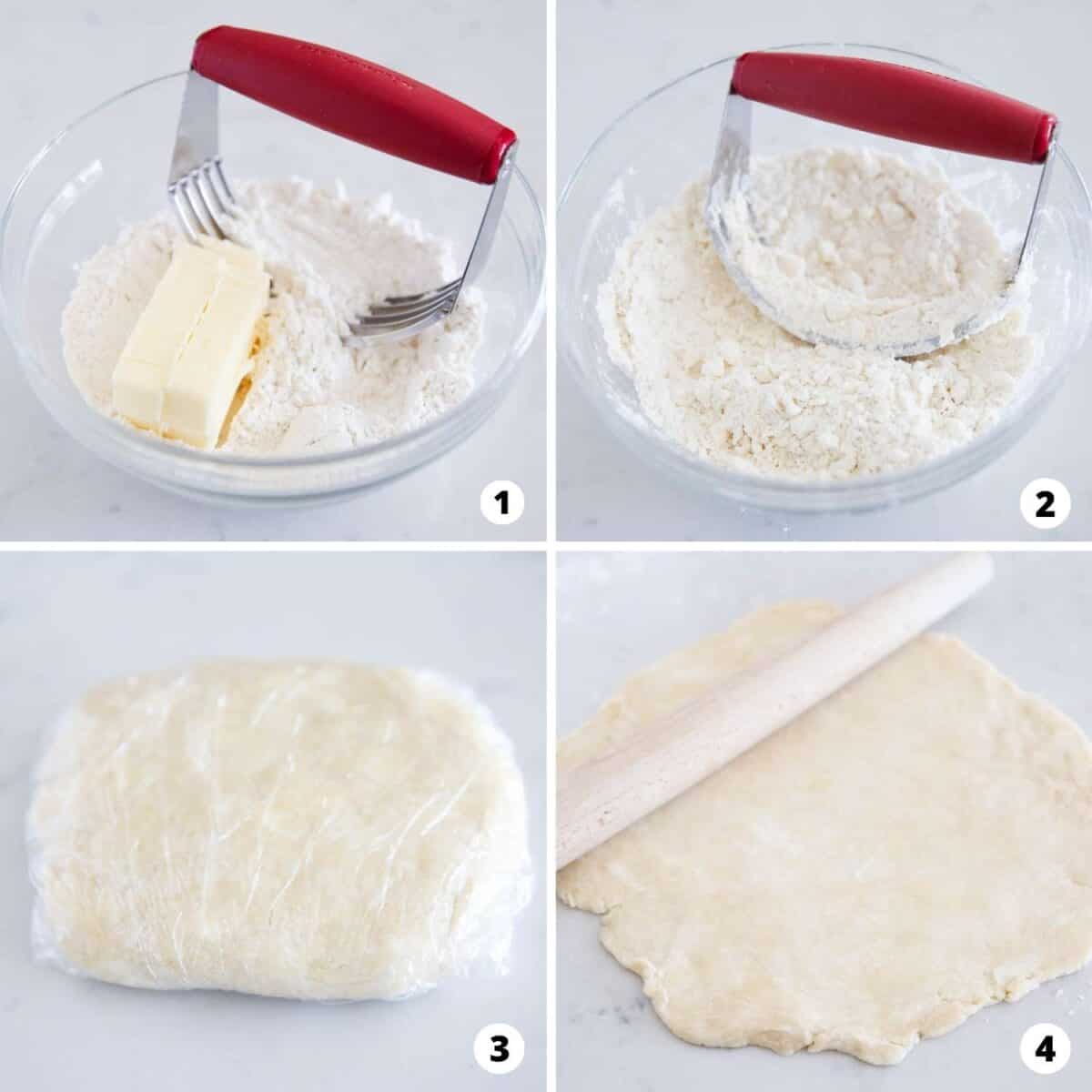 Step by step collage showing how to make an all butter pie crust.