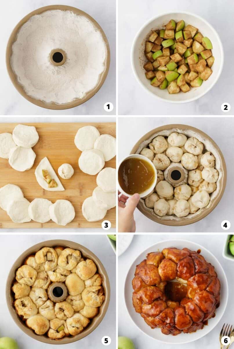 Step by step collage showing how to make apple monkey bread.