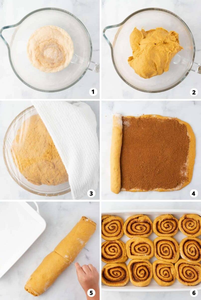 Showing how to make pumpkin rolls in a 6 step collage.