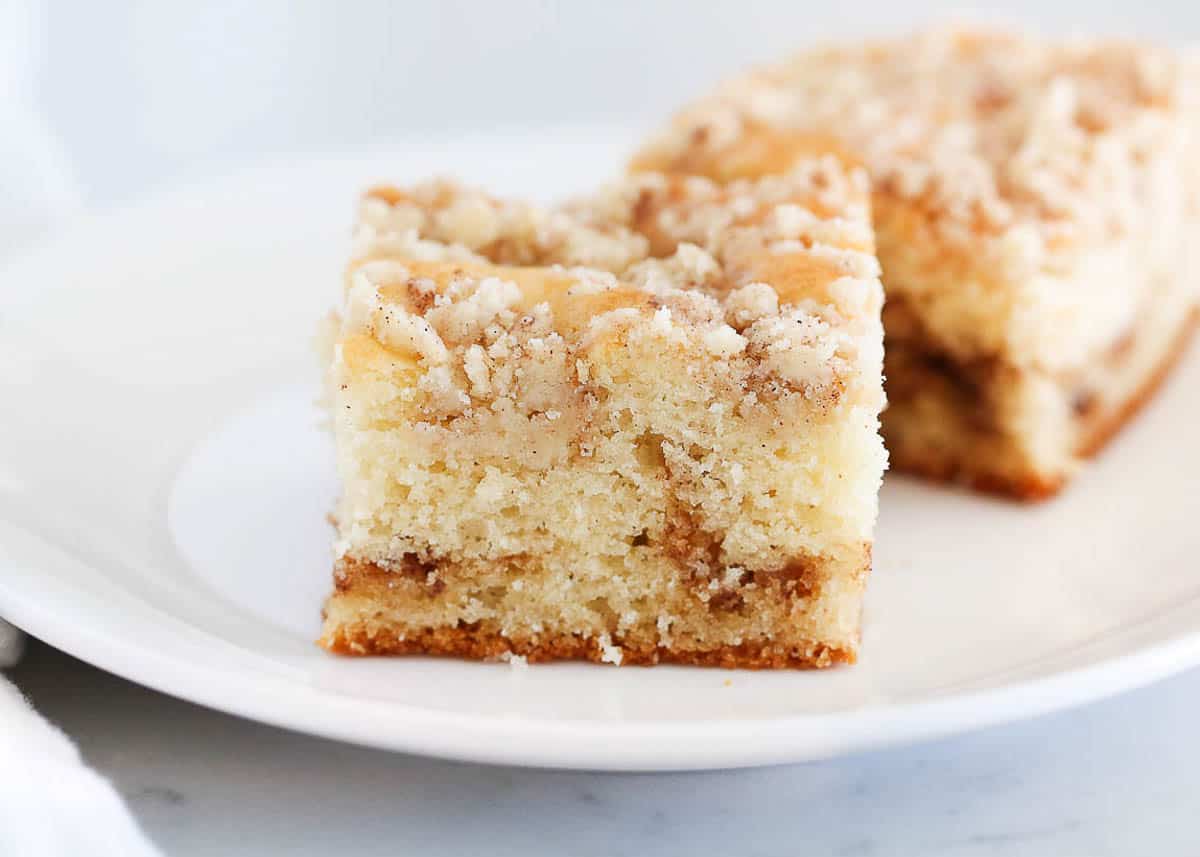 Slice of coffee cake on a white plate.
