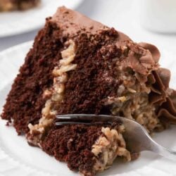 Slice of German chocolate cake on a white plate.