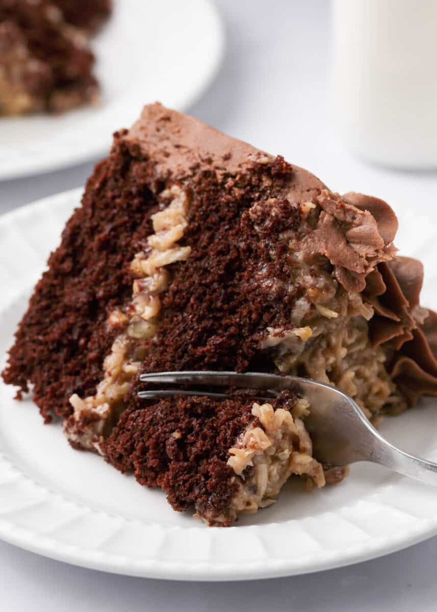 Slice of German chocolate cake on a white plate.