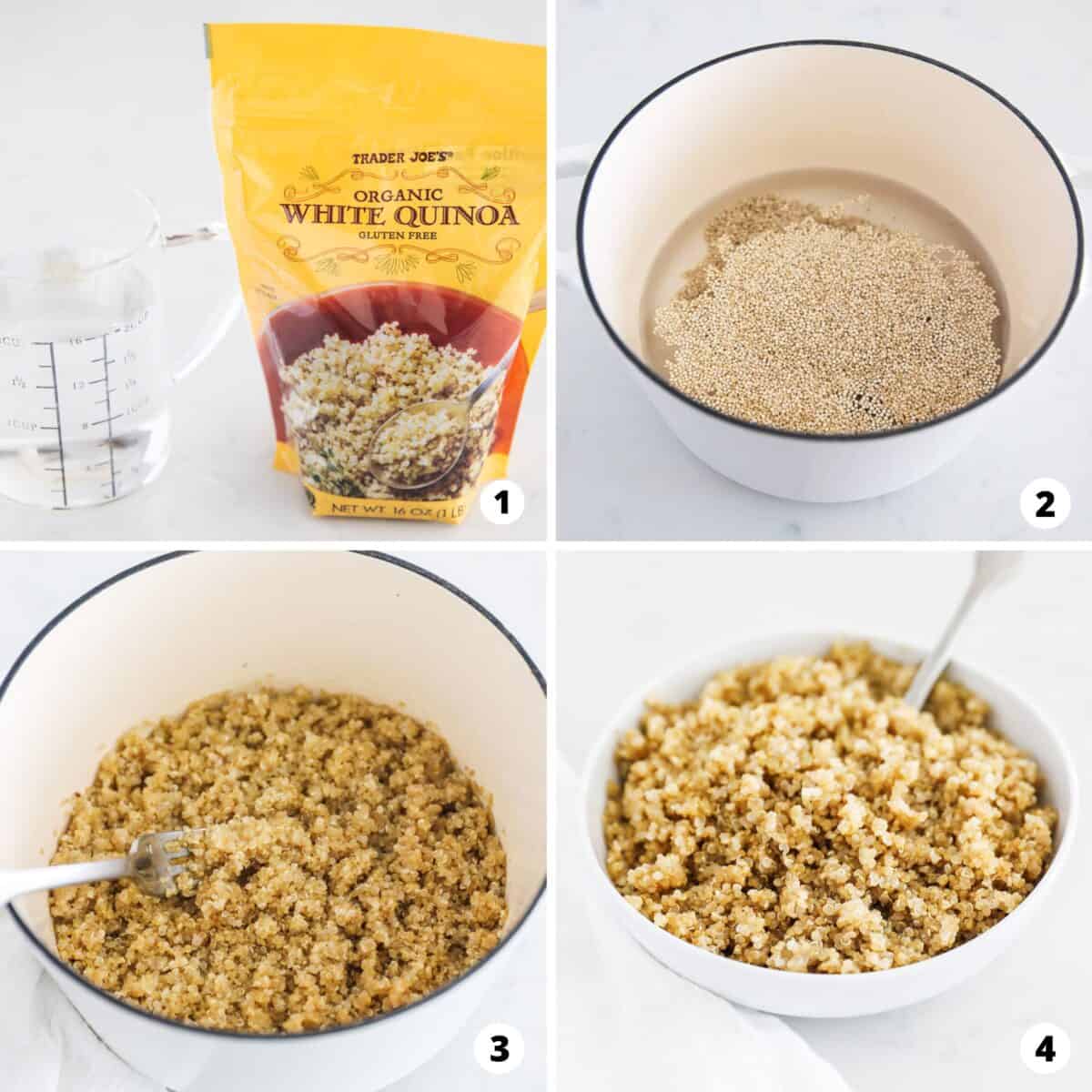 Showing how to cook quinoa in a 4 step collage.