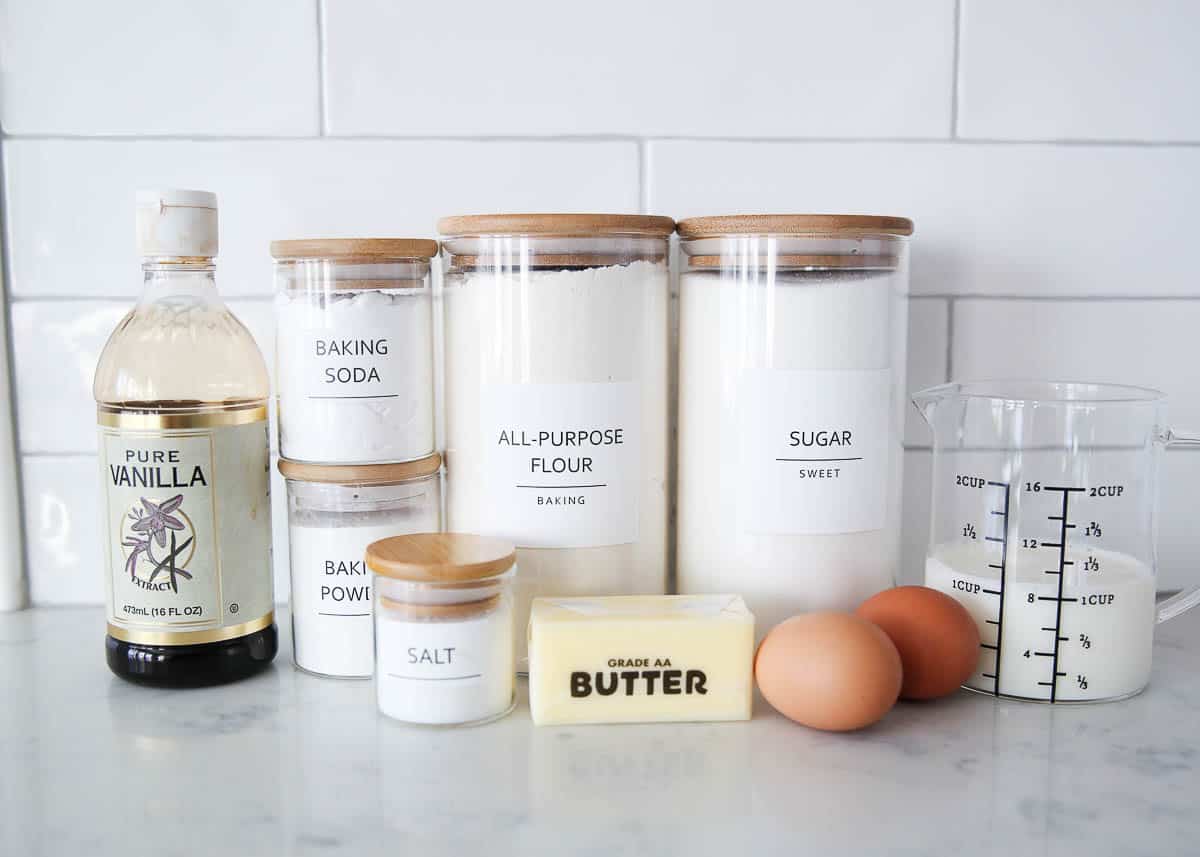 Pancake ingredients on a counter.