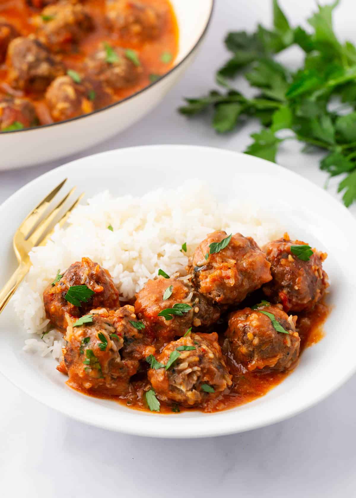 Porcupine meatballs and rice in a white bowl.