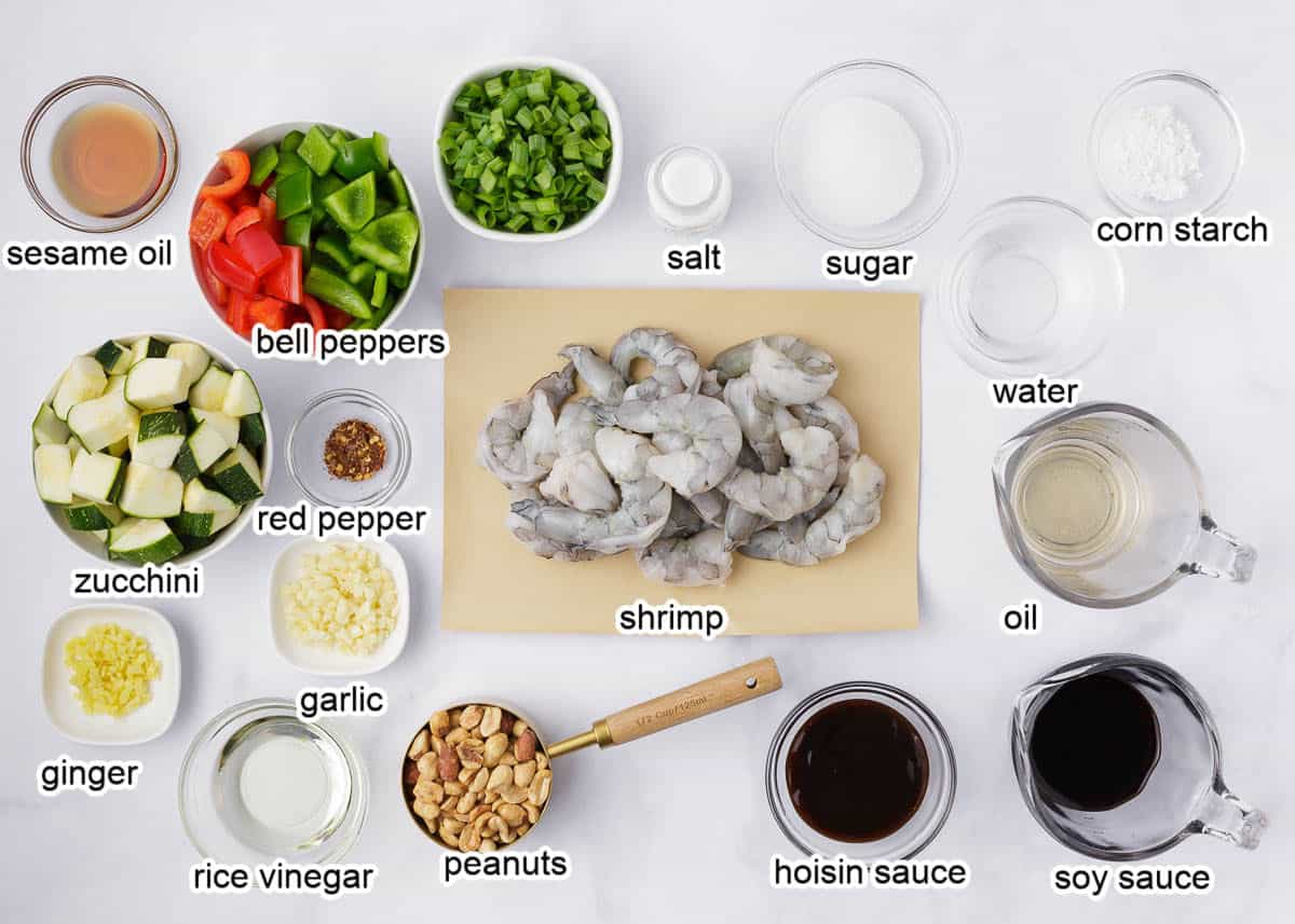 Kung Pao Shrimp Ingredients on a marble countertop.