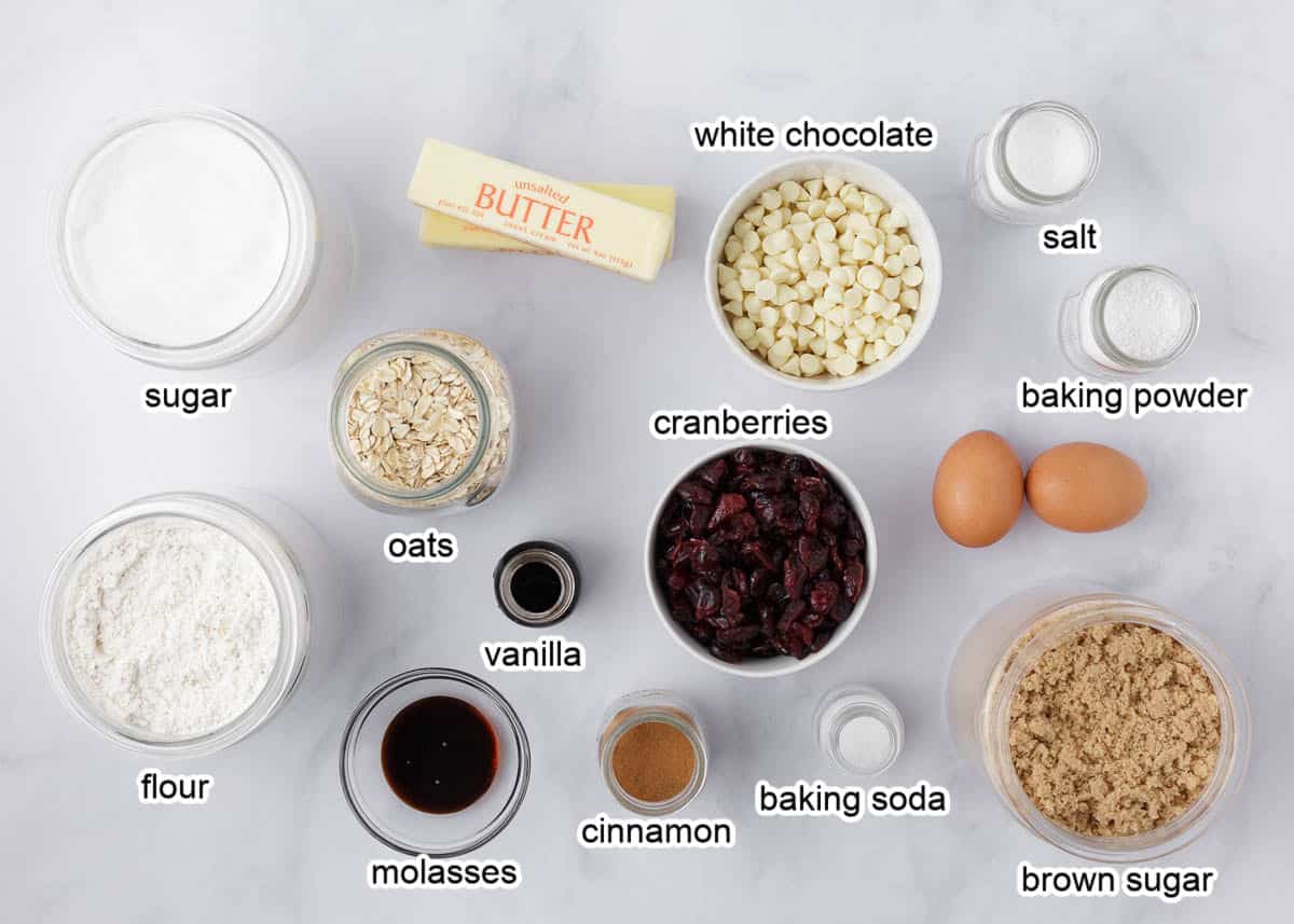 Oatmeal cranberry cookie ingredients on the counter.