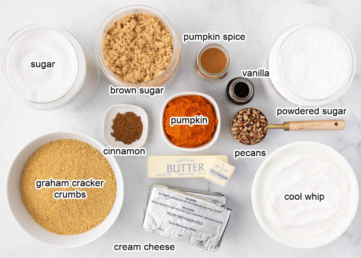 Pumpkin lasagna ingredients on a marble countertop.