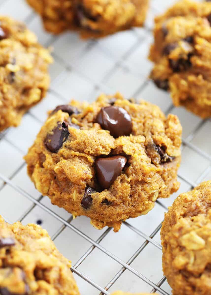 Pumpkin oatmeal chocolate chip cookies on cooling rack.