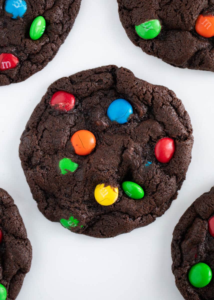 Chocolate m&m cookies on counter.