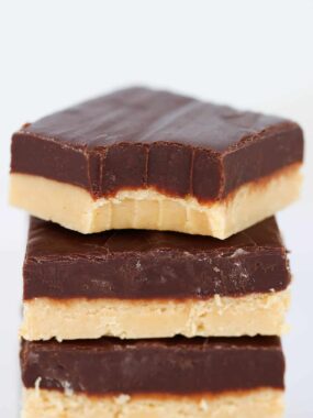 Stack of chocolate peanut butter fudge.