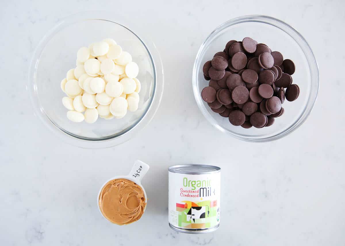 Chocolate peanut butter fudge ingredients on the counter.