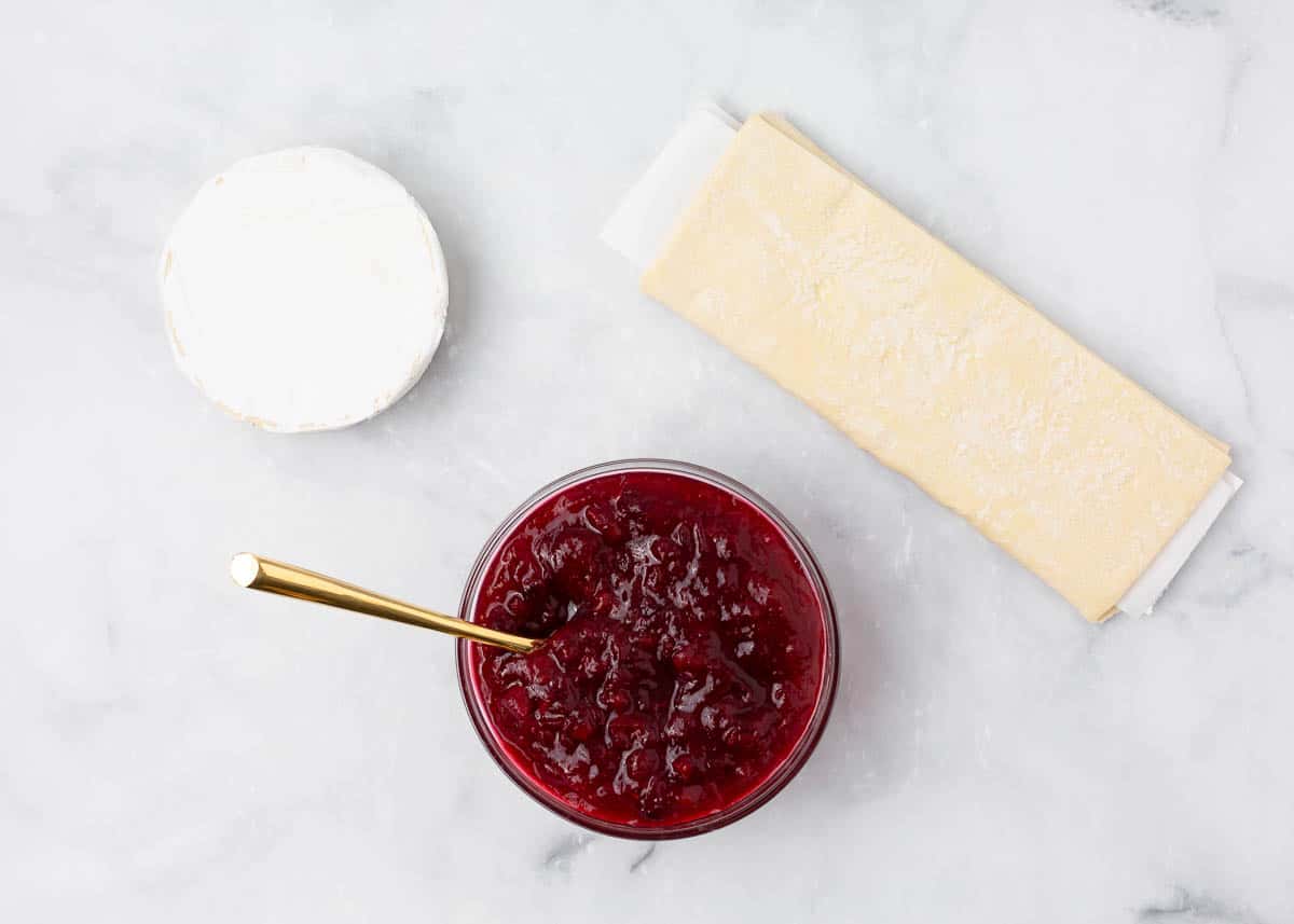 Cranberry brie bite ingredients on counter.