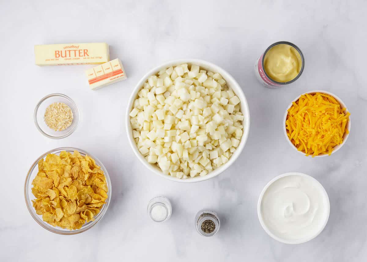 Funeral potato ingredients on counter.