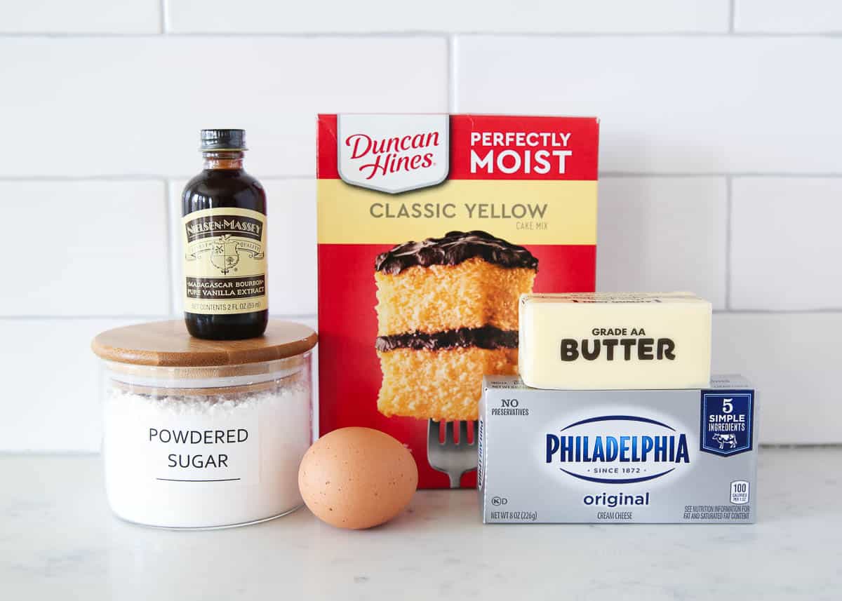 Gooey butter ingredients on counter.