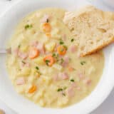 Bowl of ham and potato soup.