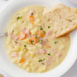 Bowl of ham and potato soup.