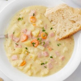Bowl of ham and potato soup.