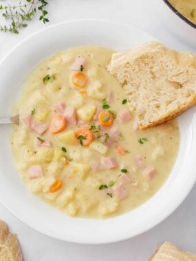 Bowl of ham and potato soup.
