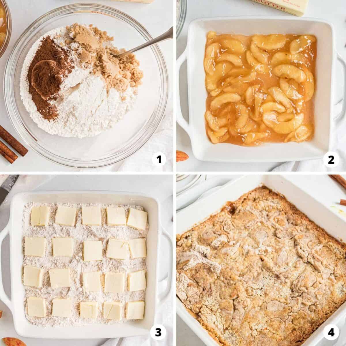 Showing how to make apple dump cake in a 4 step collage.