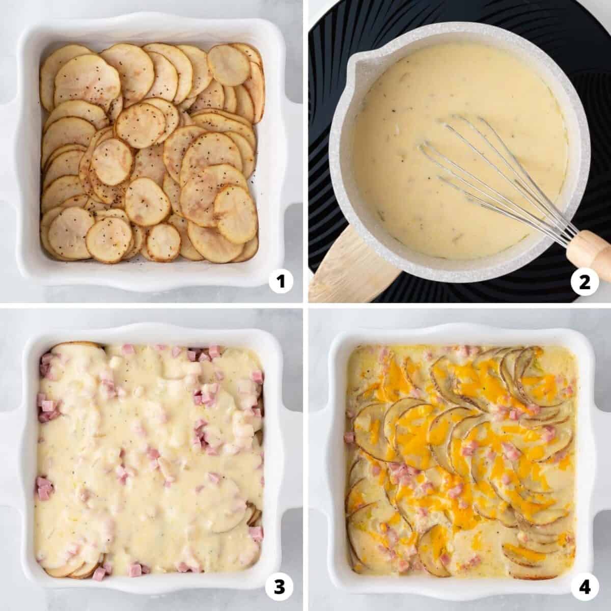 Showing how to make scalloped potatoes and ham in a 4 step collage.