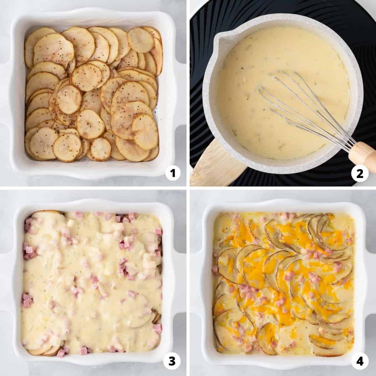 Showing how to make scalloped potatoes and ham in a 4 step collage.