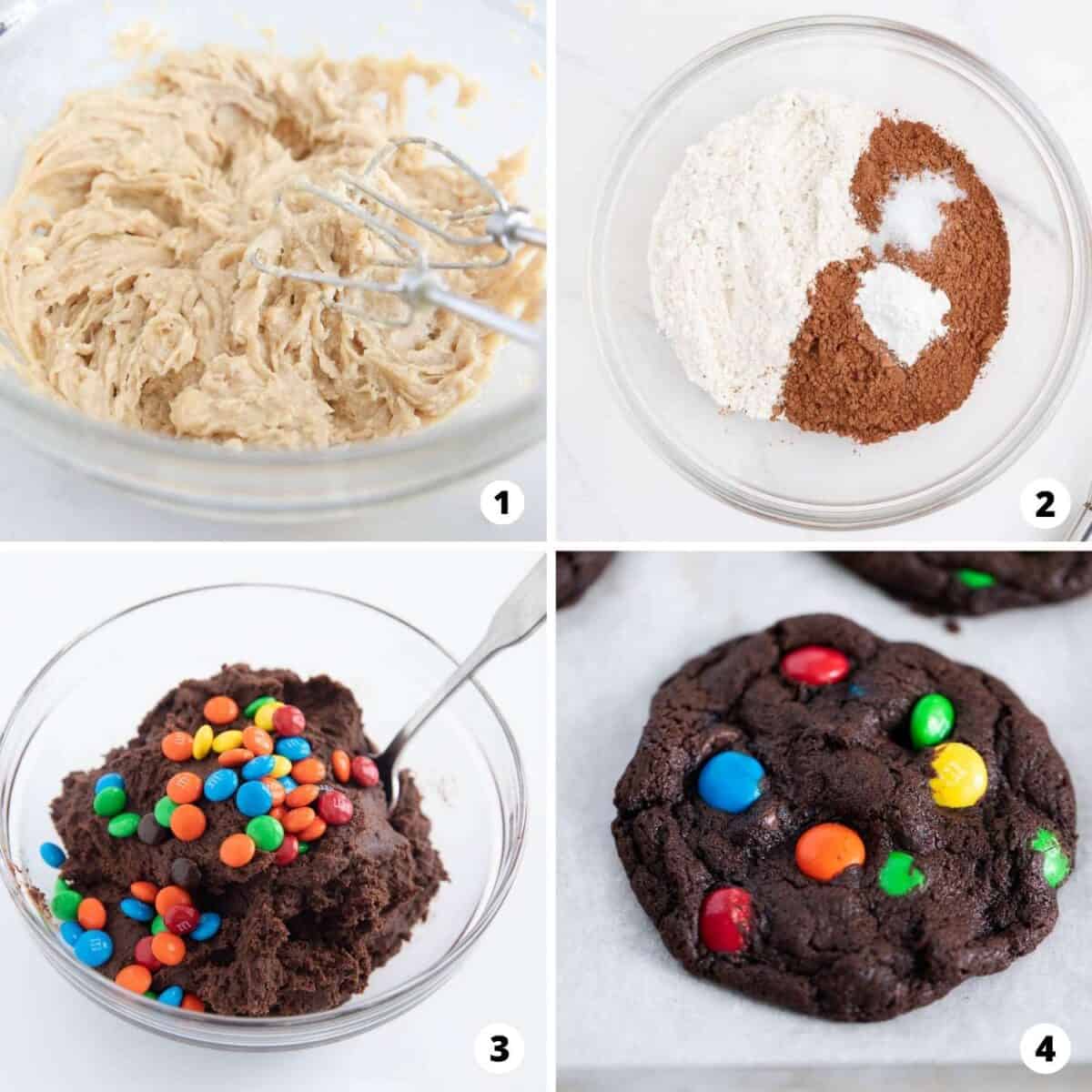Showing how to make chocolate m&m cookies in a 4 step collage.