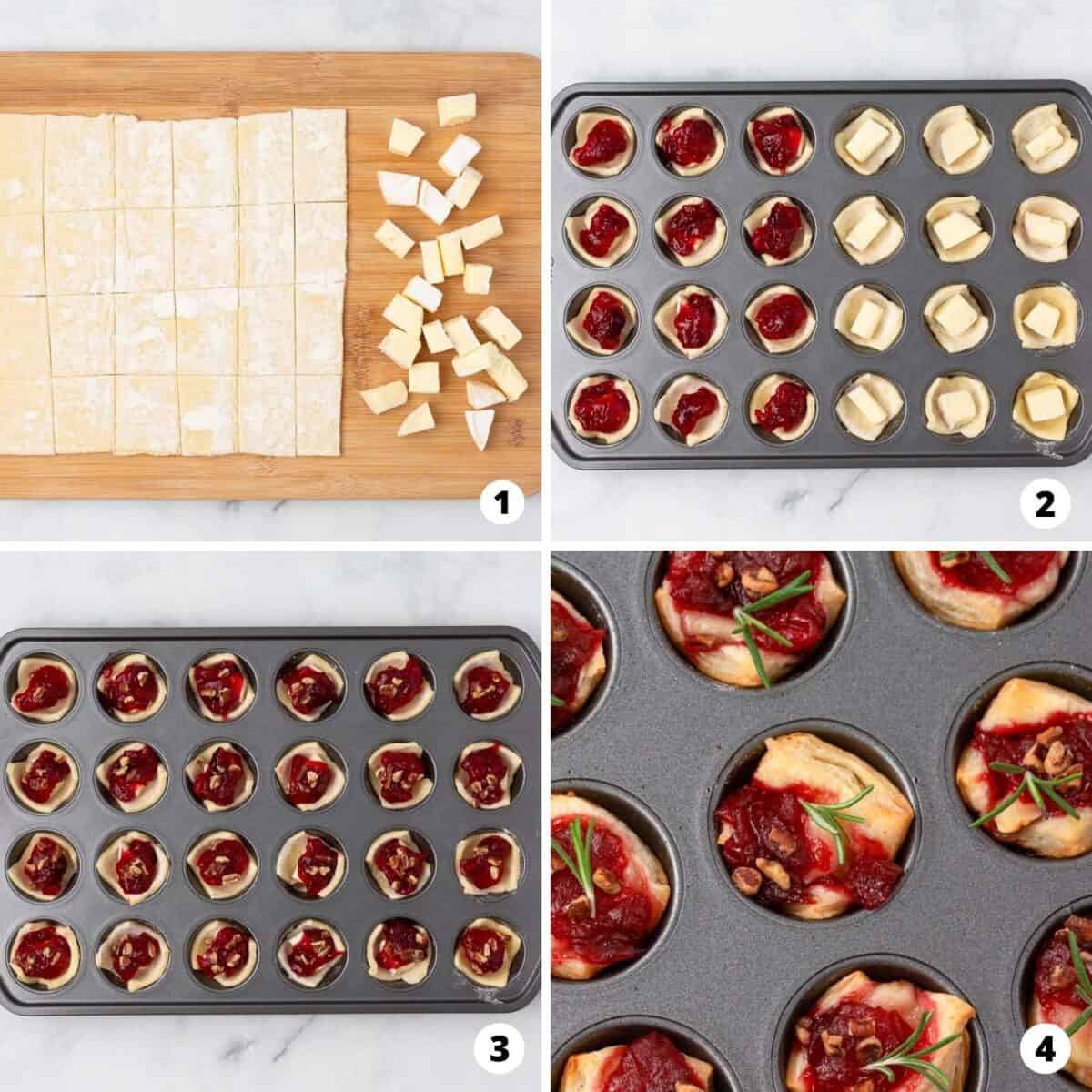 Showing how to make cranberry brie bites.