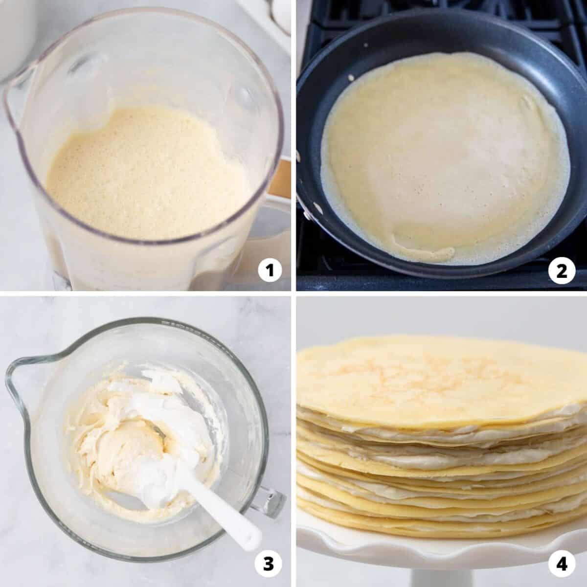 Showing how to make a crepe cake in a 4 step collage.