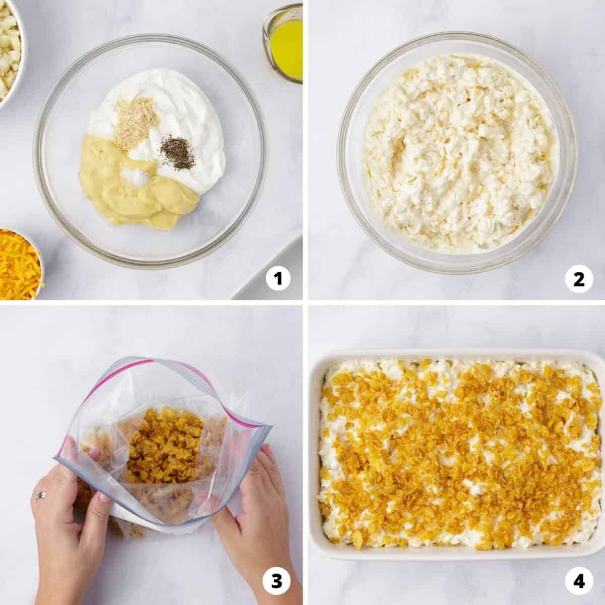 Showing how to make funeral potatoes in a 4 step collage.