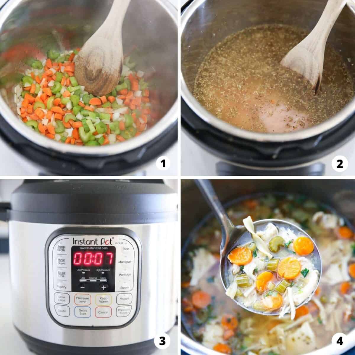 Showing how to make instant pot chicken noodle soup in a 4 step collage.