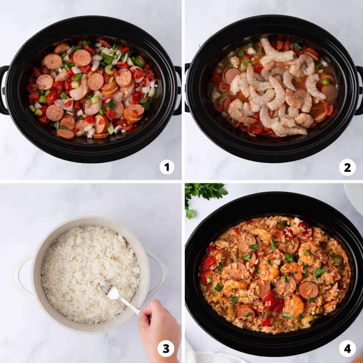 Showing how to make jambalaya in the crockpot.