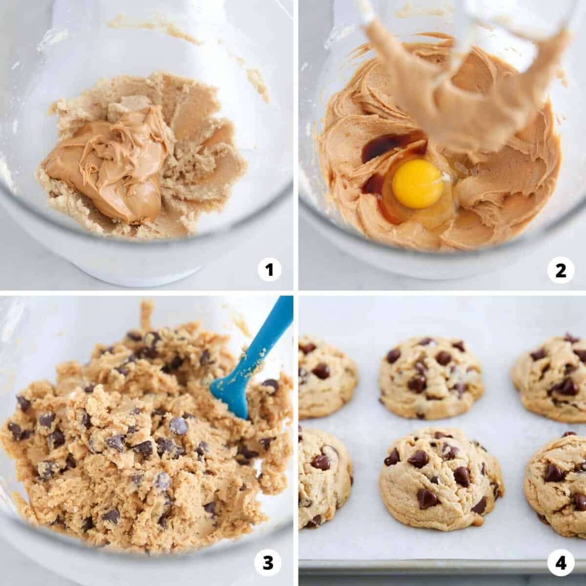 Showing how to make peanut butter chocolate chip cookies in a 4 step collage.