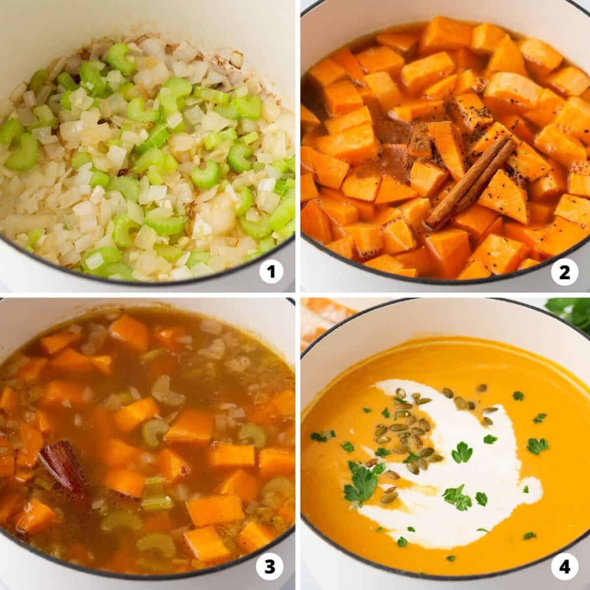 Showing how to cook sweet potato soup in a 4 step collage.