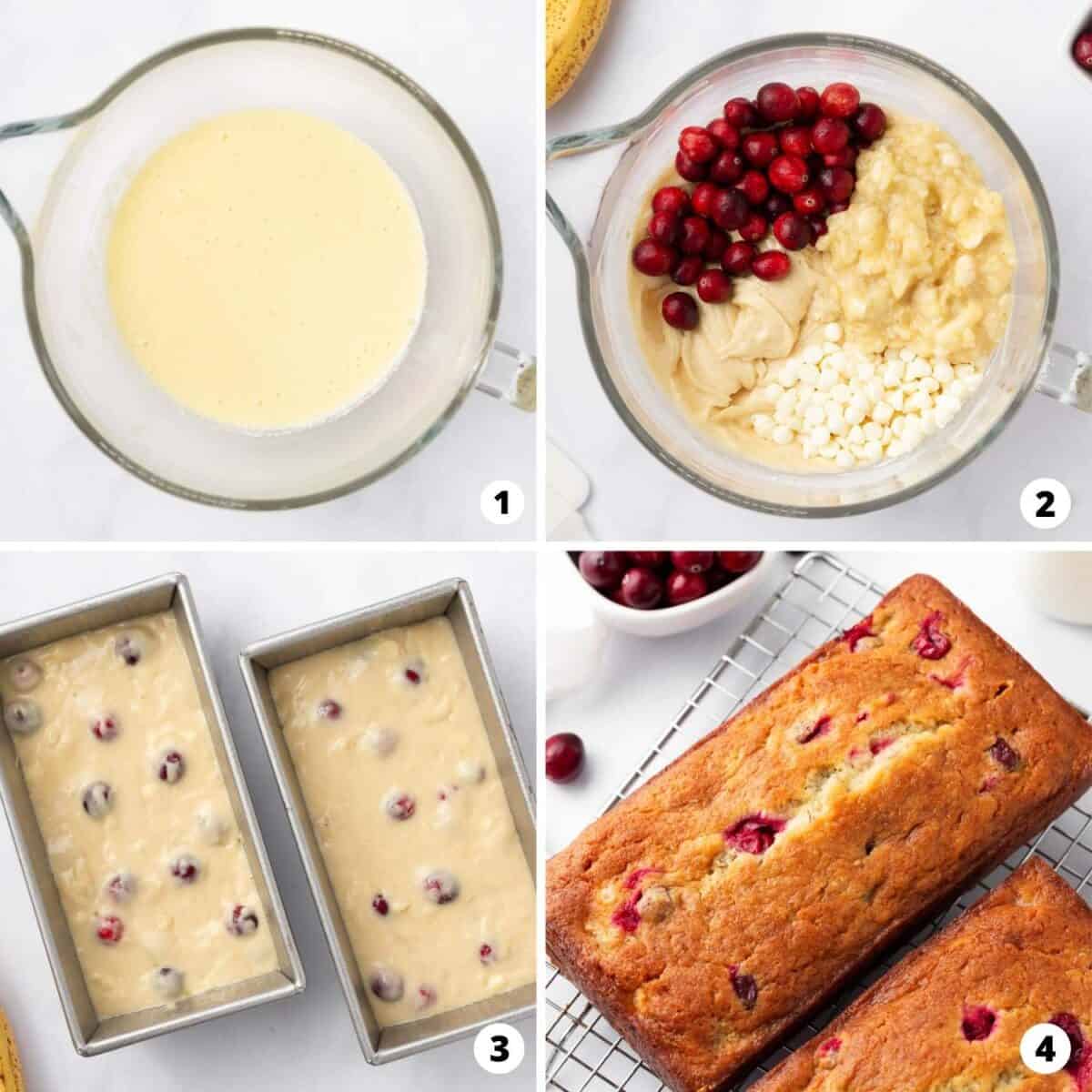 Showing how to make cranberry banana bread in a 4 step collage.