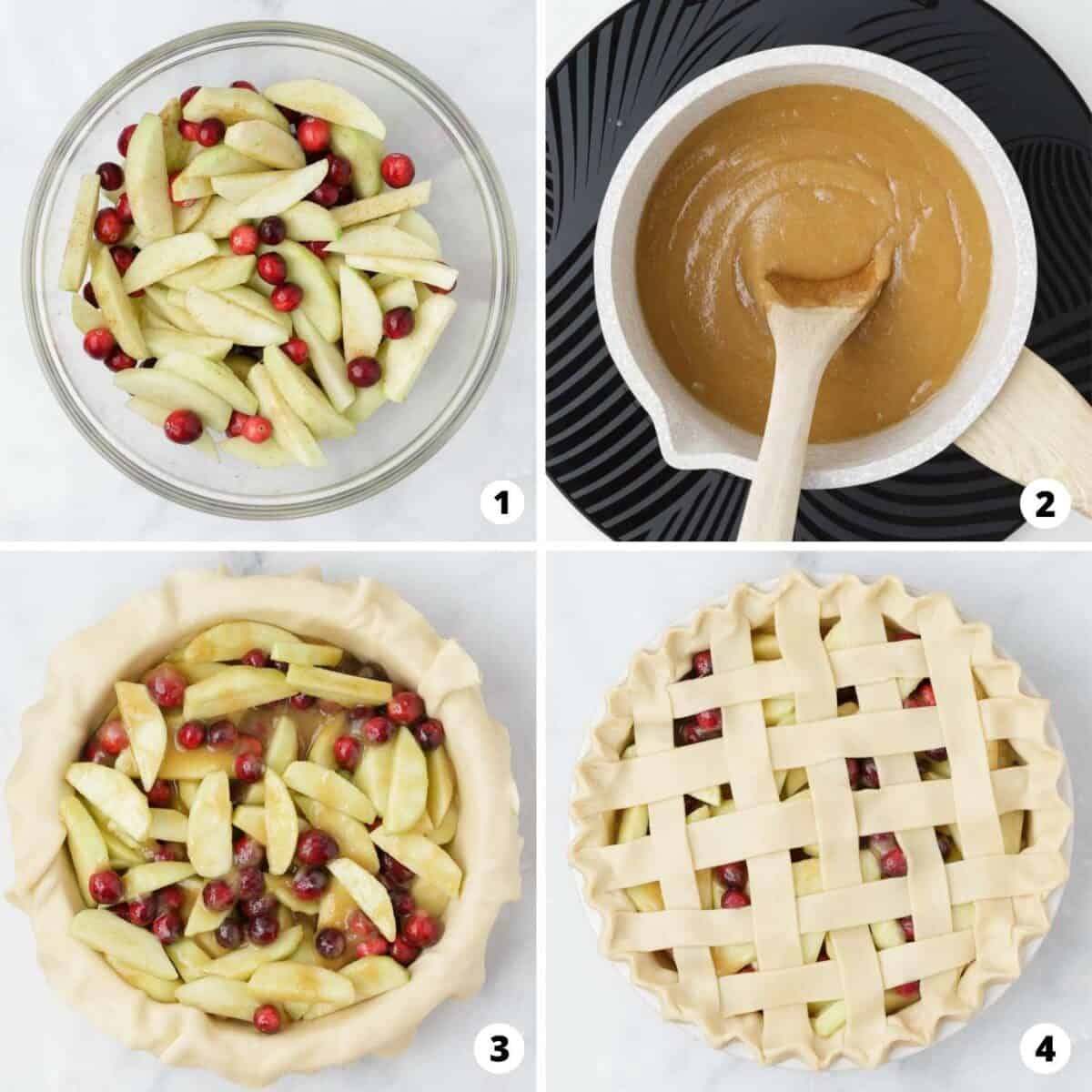 Showing how to make the apple cranberry pie in a 4 step collage.