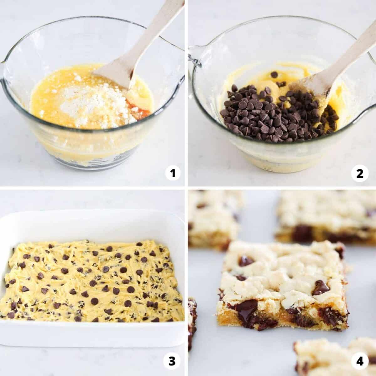 Showing how to make cake bars in a 4 step collage. 