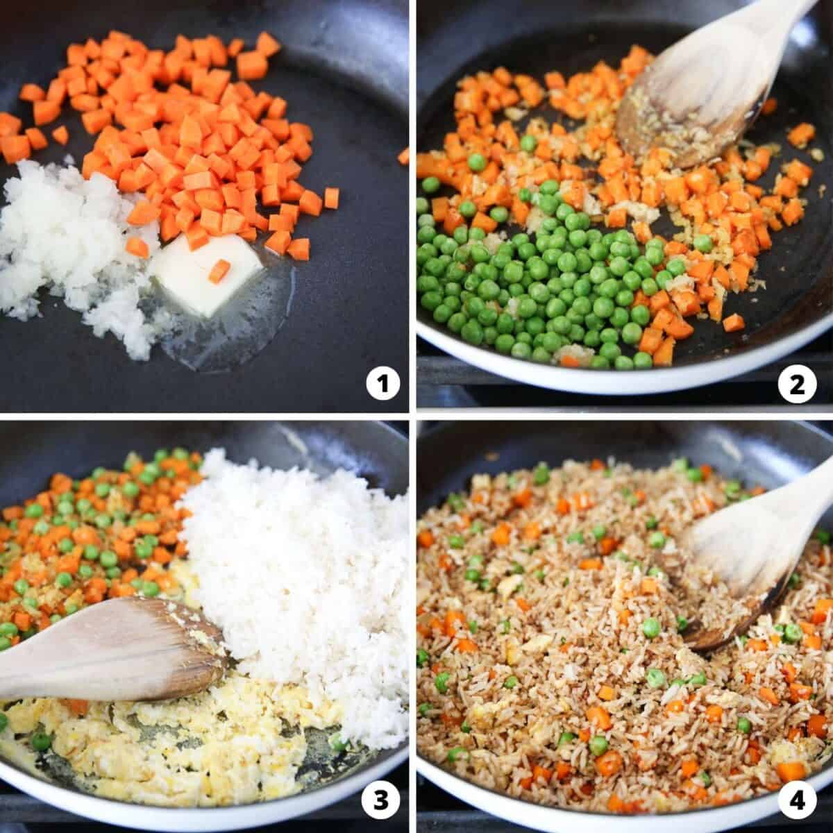 Showing how to make fried rice in a 4 step collage.