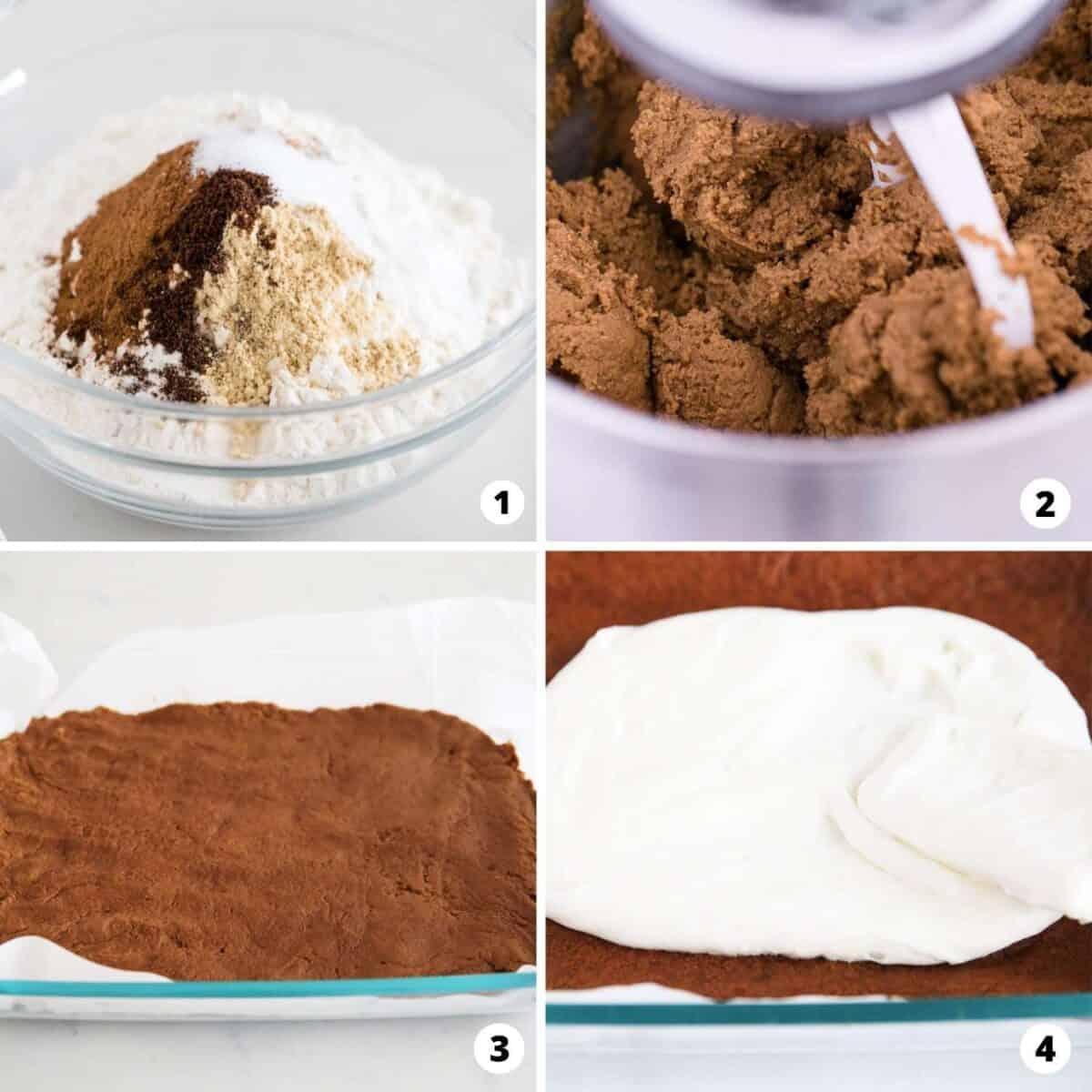 Showing how to make gingerbread bars in a 4 step collage.
